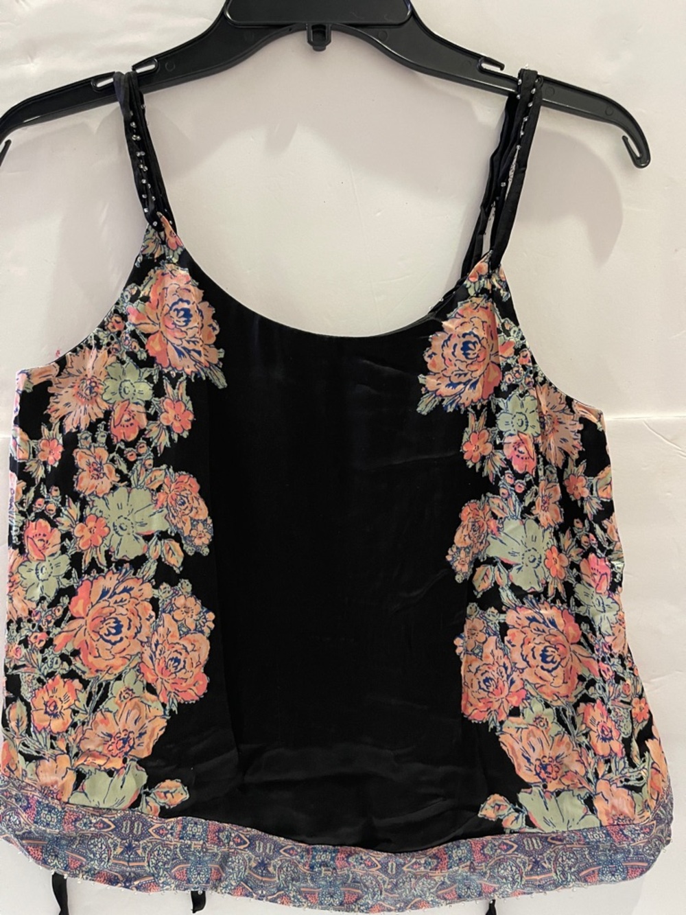 Free People XS Floral Velvet Tank Top - Black with Peach & Mint Flowers